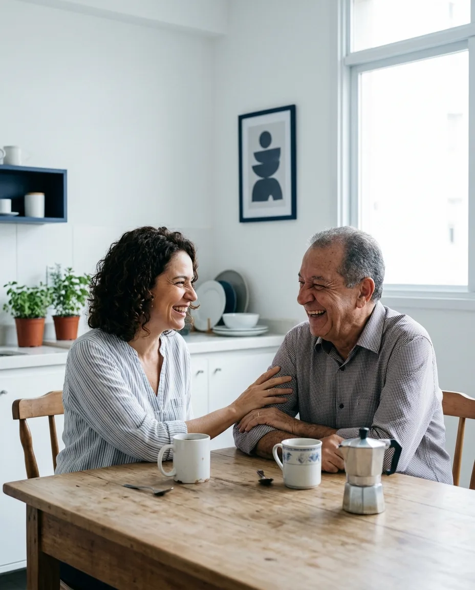 Filha adulta e o pai de cerca de 70 anos conversando e rindo na mesa da cozinha
