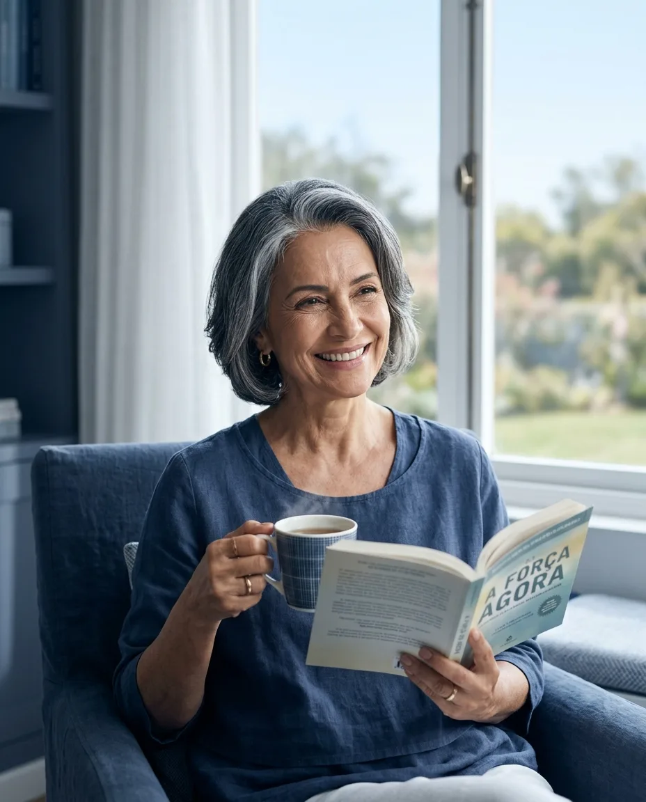 Mulher de cerca de 60 anos, sorridente, lendo um livro e tomando chá numa poltrona perto da janela